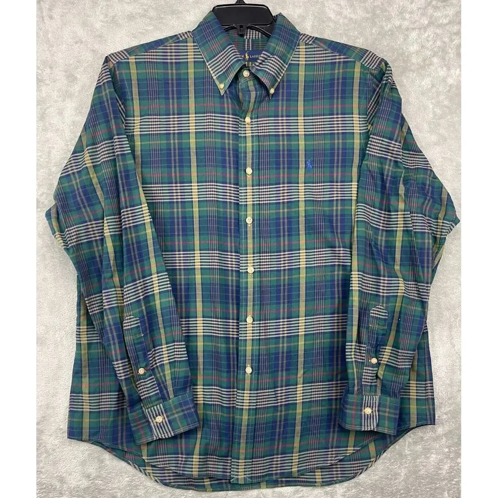 Polo Ralph Lauren Men's Shirt Size Large Green‎ Blue Plaid Long Sleeve Button Up